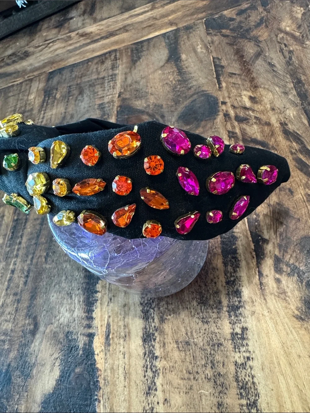 Brianna Cannon Black Jeweled Knot Headband with Multicolor Crystal Accents